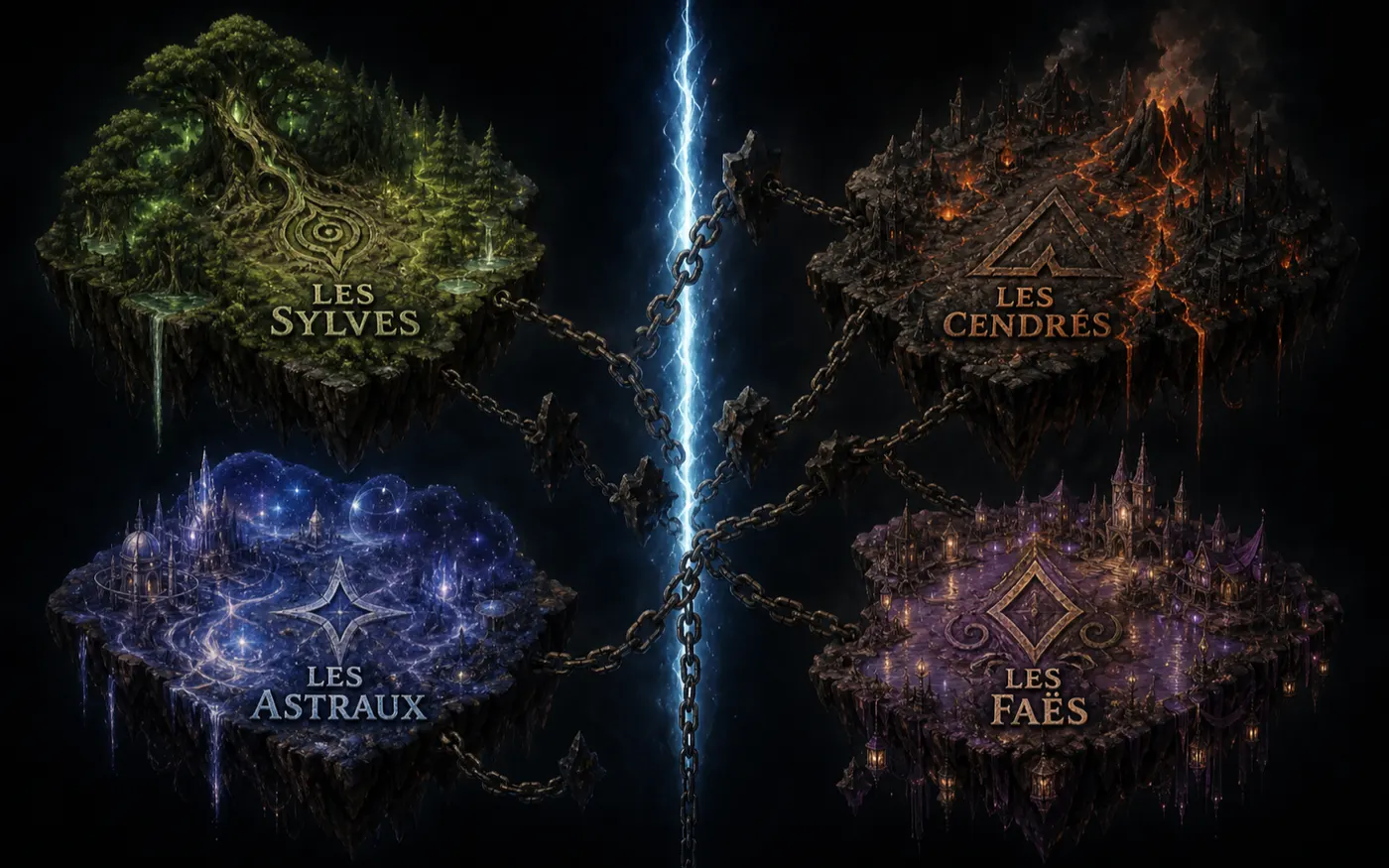 The four kingdoms hanging around the Rift, linked by chains.