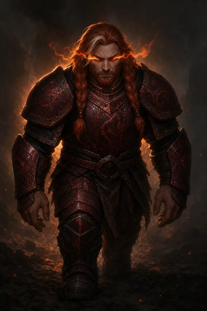 The Twice-Forged, a massive frame in crimson armour.