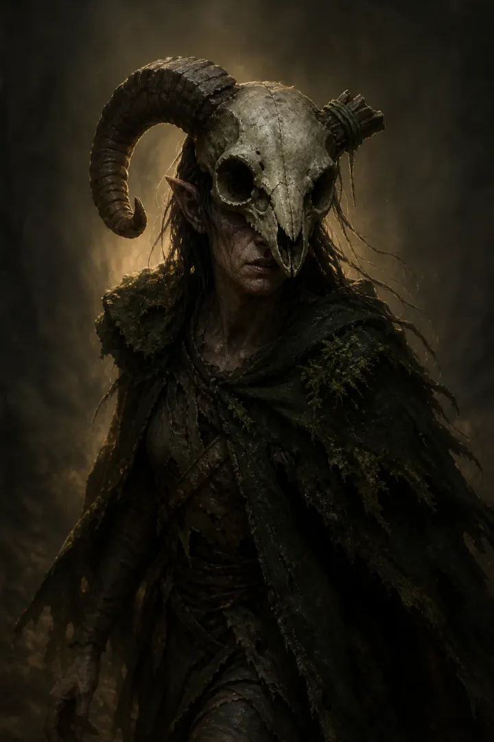 The Latecomer, an elderly warden wearing a ram's skull.
