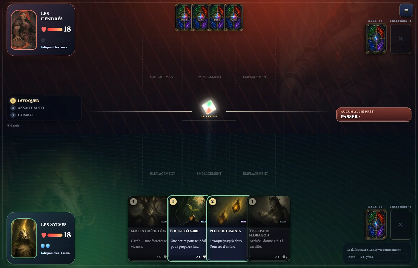 The RIFT board on turn one: both heroes, their life, the column of three phases, the Rift at the centre and a hand of four cards.