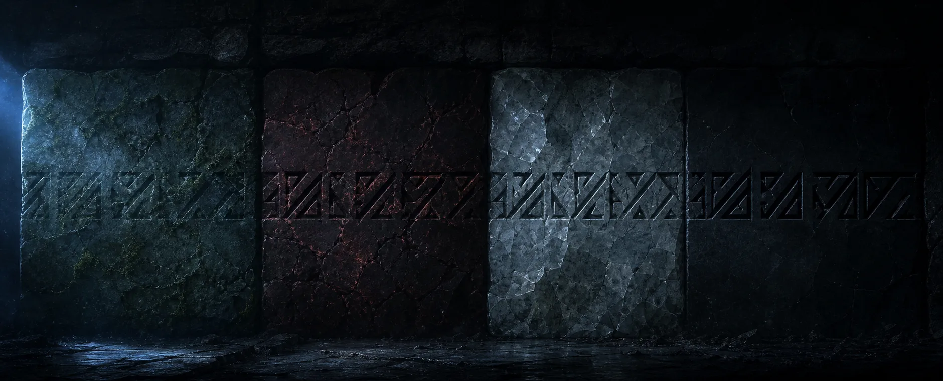 Four different blocks of stone, set side by side in an underground wall, bearing the same engraved writing.